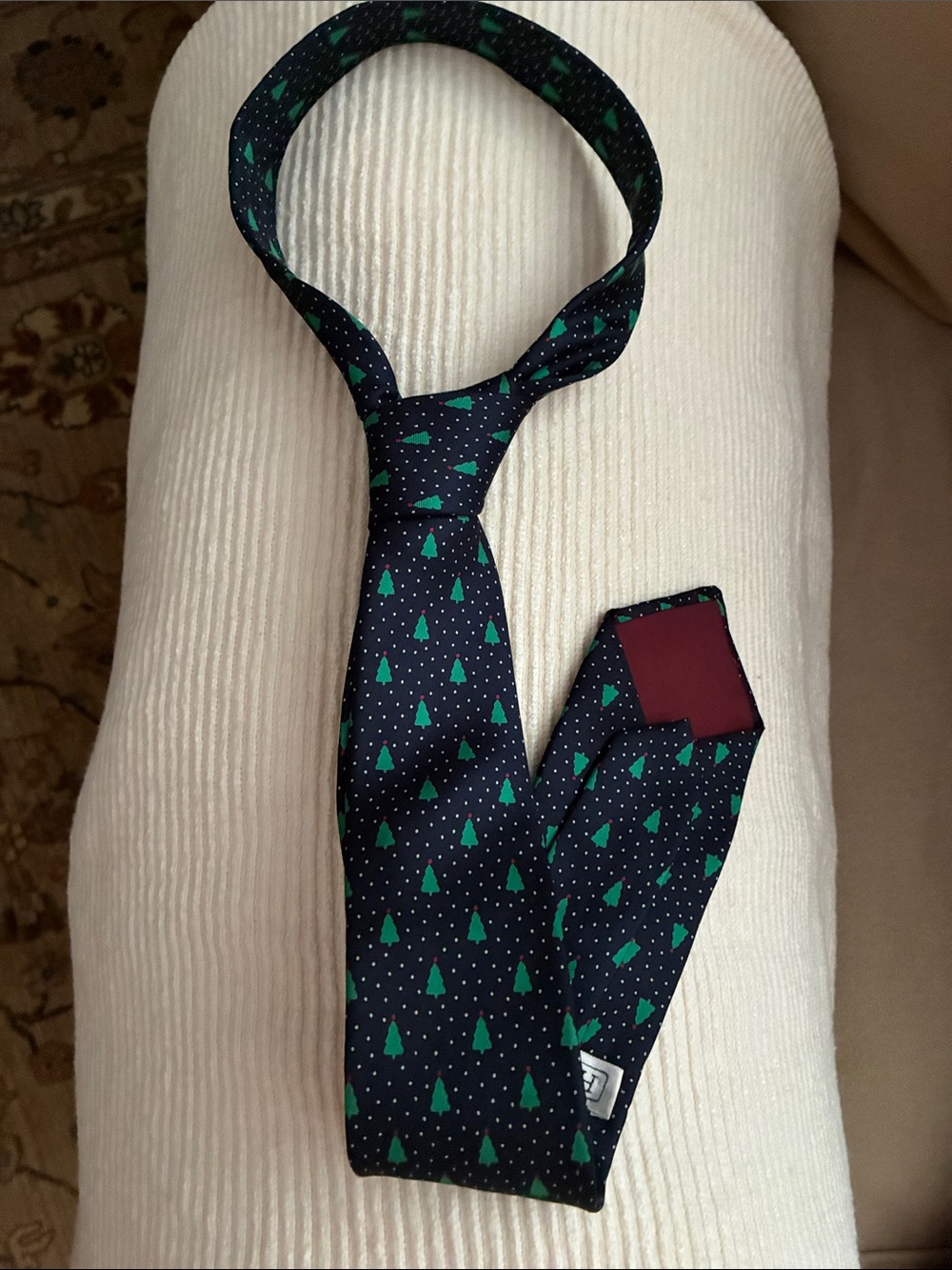 Vintage Horchow Navy Tie with Green Christmas Tree Pattern 100% Silk